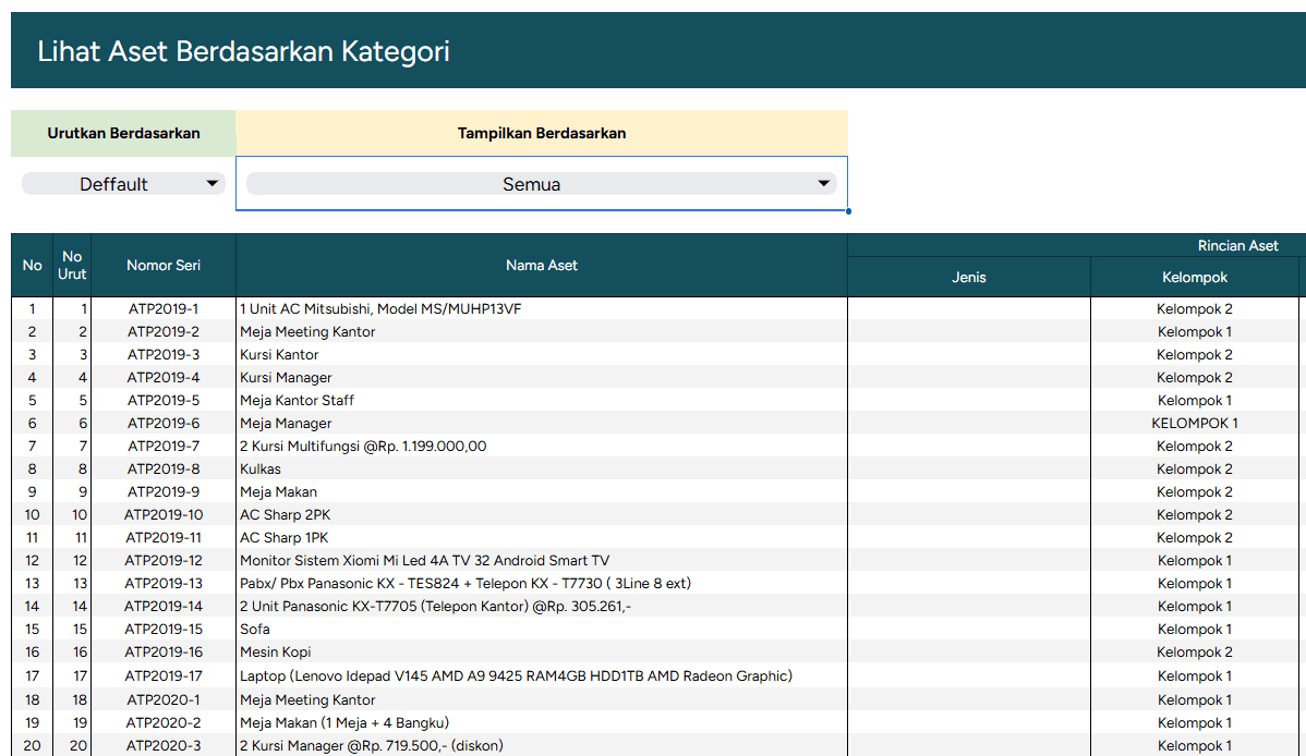 Template penyusutan aset digital untuk pengelolaan aset perusahaan.